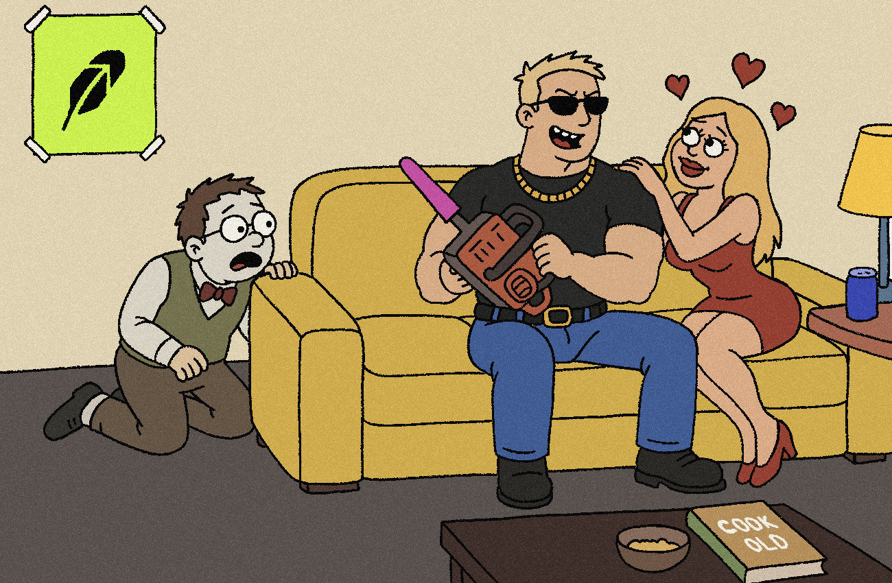 a cookold broker at work: the chad on the couch, the holder watching from the floor, the Robinhood feather on the wall